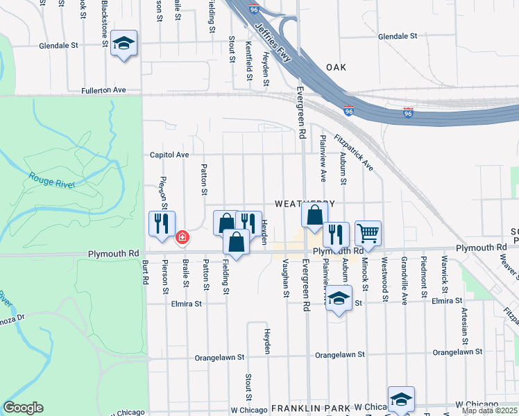 map of restaurants, bars, coffee shops, grocery stores, and more near 11704 Stout Street in Detroit