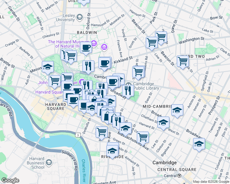 map of restaurants, bars, coffee shops, grocery stores, and more near 459 Broadway in Cambridge