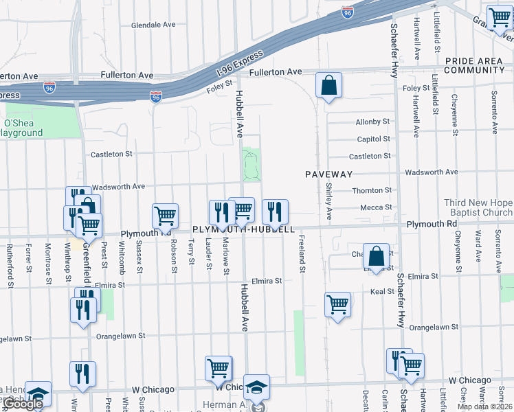 map of restaurants, bars, coffee shops, grocery stores, and more near 11637 Strathmoor Street in Detroit