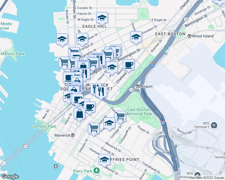 map of restaurants, bars, coffee shops, grocery stores, and more near 159 Chelsea Street in Boston