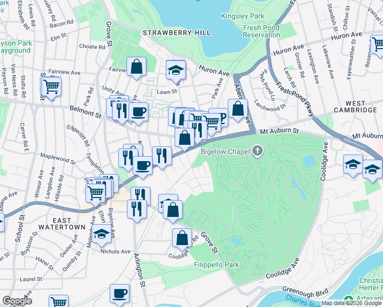 map of restaurants, bars, coffee shops, grocery stores, and more near 16 Cottage Street in Watertown