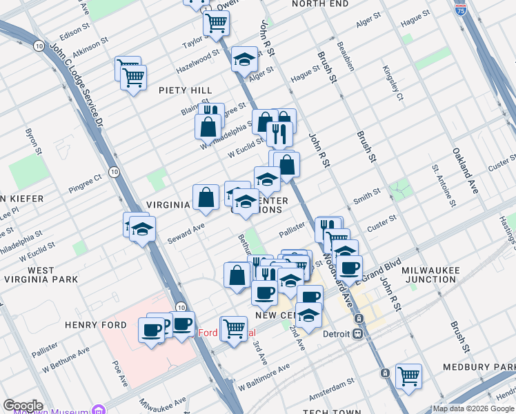 map of restaurants, bars, coffee shops, grocery stores, and more near 127 Seward Street in Detroit