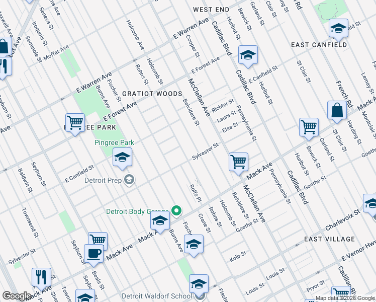 map of restaurants, bars, coffee shops, grocery stores, and more near 4127 Rohns Street in Detroit