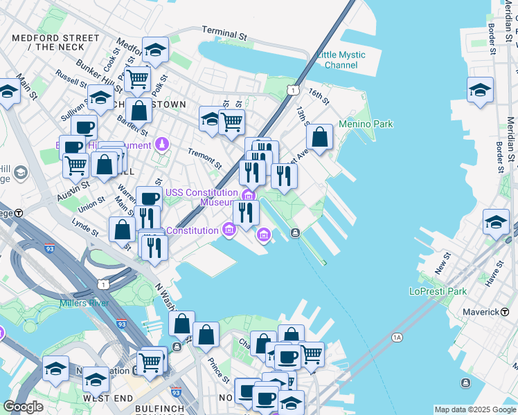 map of restaurants, bars, coffee shops, grocery stores, and more near Baxter Road in Boston