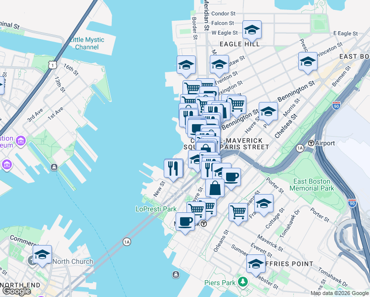 map of restaurants, bars, coffee shops, grocery stores, and more near 126 Border Street in Boston