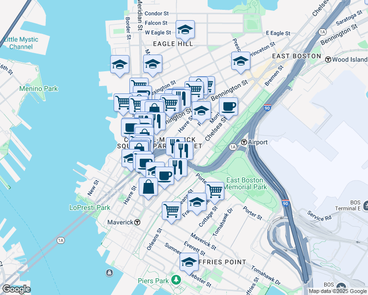 map of restaurants, bars, coffee shops, grocery stores, and more near in Boston