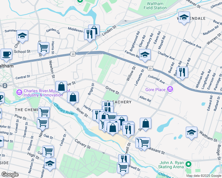 map of restaurants, bars, coffee shops, grocery stores, and more near 209 Grove Street in Waltham