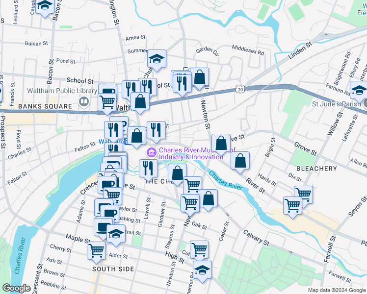 map of restaurants, bars, coffee shops, grocery stores, and more near 374 River Street in Waltham