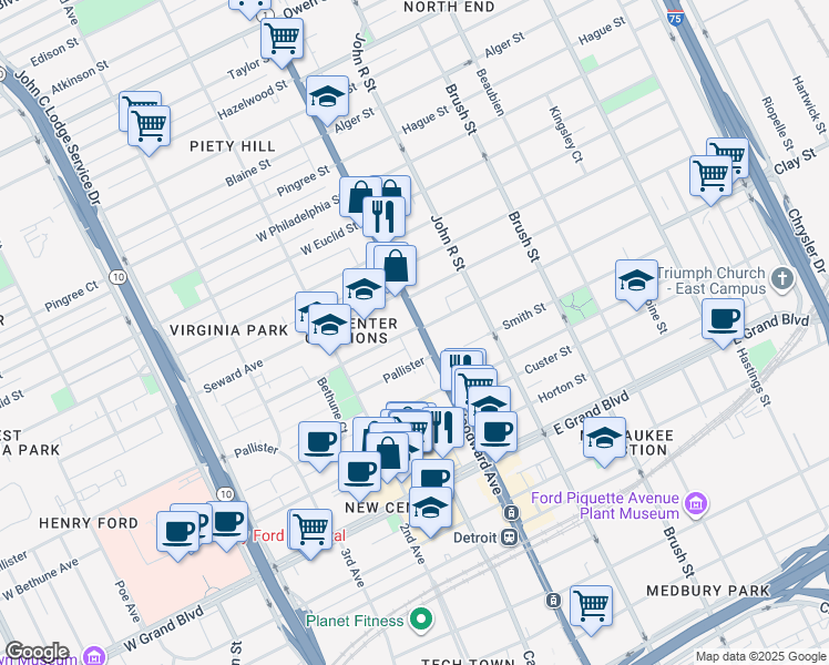 map of restaurants, bars, coffee shops, grocery stores, and more near 7641 Woodward Avenue in Detroit