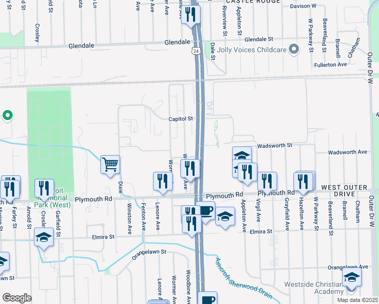 map of restaurants, bars, coffee shops, grocery stores, and more near 11745 Woodbine in Redford Charter Township