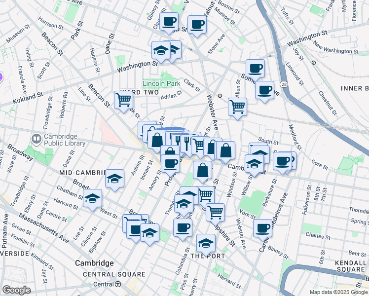 map of restaurants, bars, coffee shops, grocery stores, and more near in Cambridge
