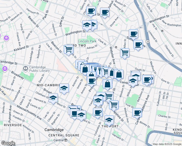 map of restaurants, bars, coffee shops, grocery stores, and more near 9 Oakland Street in Cambridge