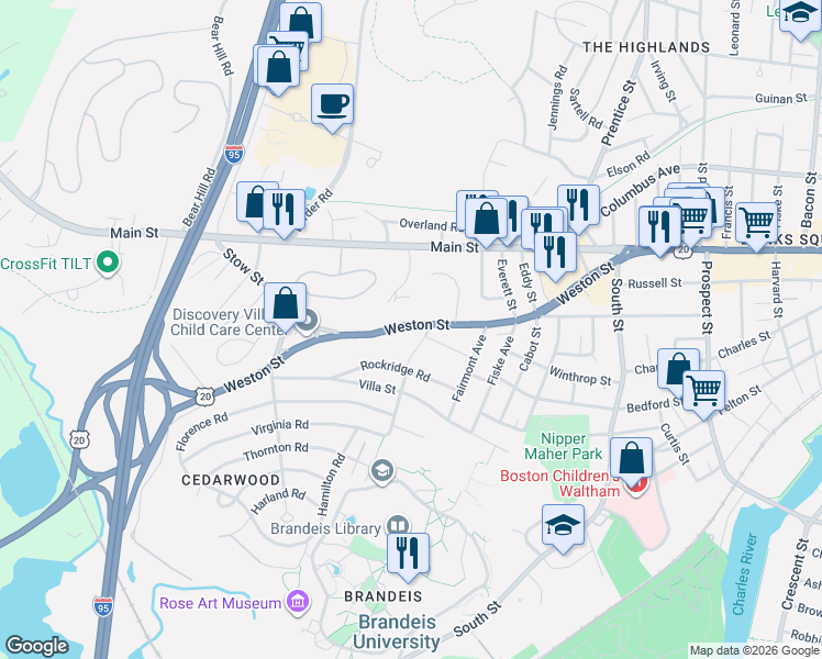 map of restaurants, bars, coffee shops, grocery stores, and more near 200 Weston Street in Waltham