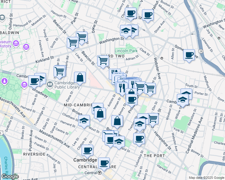 map of restaurants, bars, coffee shops, grocery stores, and more near 1423 Cambridge Street in Cambridge