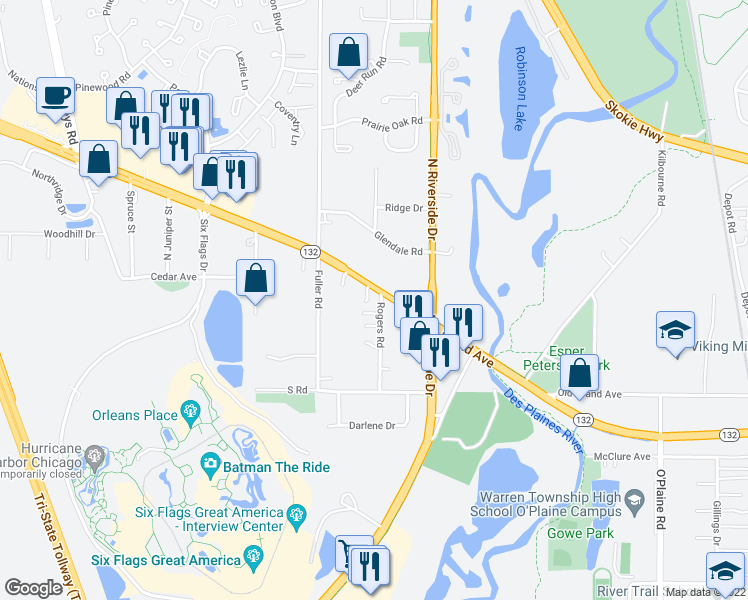 map of restaurants, bars, coffee shops, grocery stores, and more near 960 Rogers Road in Gurnee