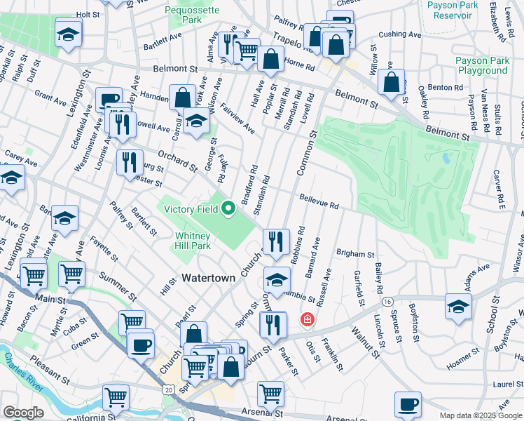 map of restaurants, bars, coffee shops, grocery stores, and more near 11 Lovell Road in Watertown