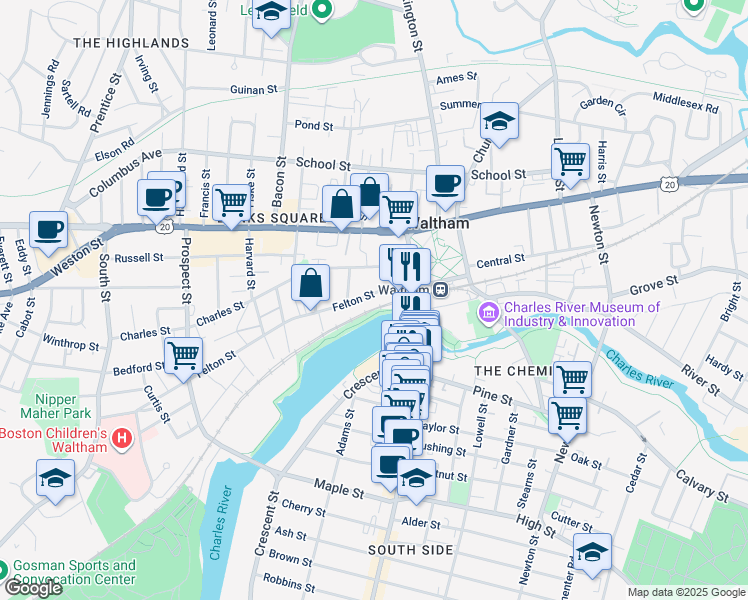 map of restaurants, bars, coffee shops, grocery stores, and more near 42 Felton Street in Waltham