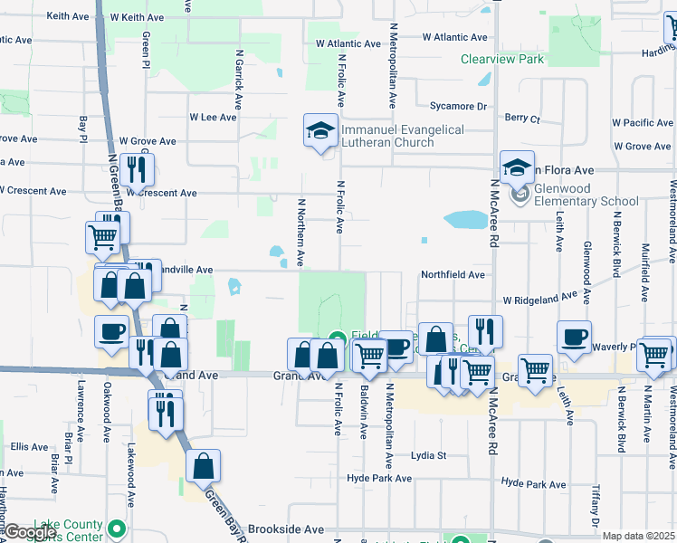 map of restaurants, bars, coffee shops, grocery stores, and more near 3043 West Grandville Avenue in Waukegan