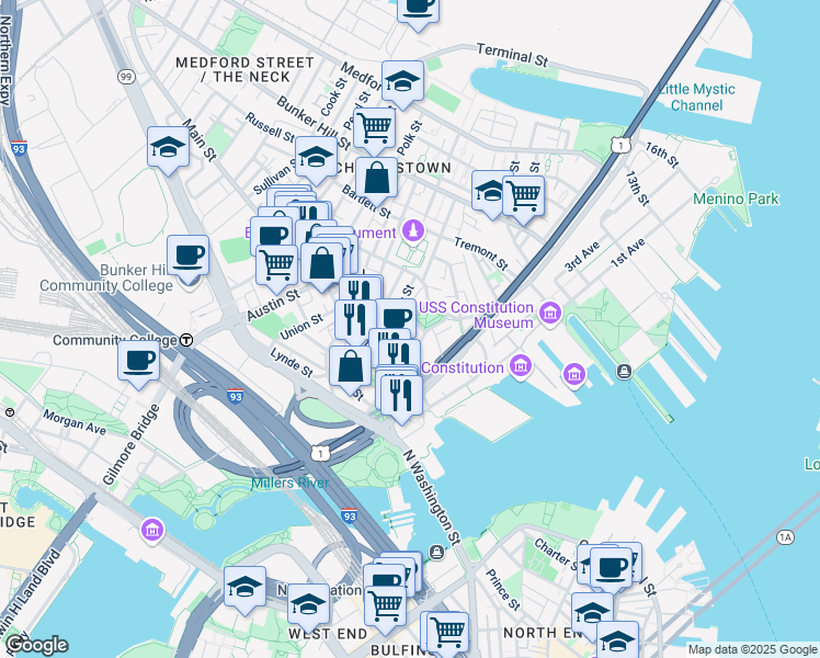 map of restaurants, bars, coffee shops, grocery stores, and more near 39-49 Warren Street in Boston