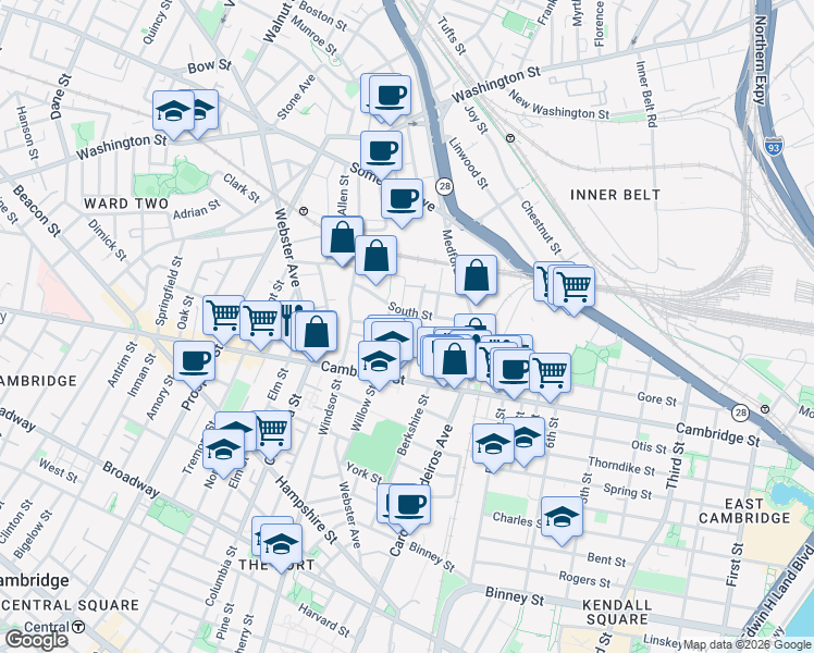 map of restaurants, bars, coffee shops, grocery stores, and more near 21 Hunting Street in Cambridge