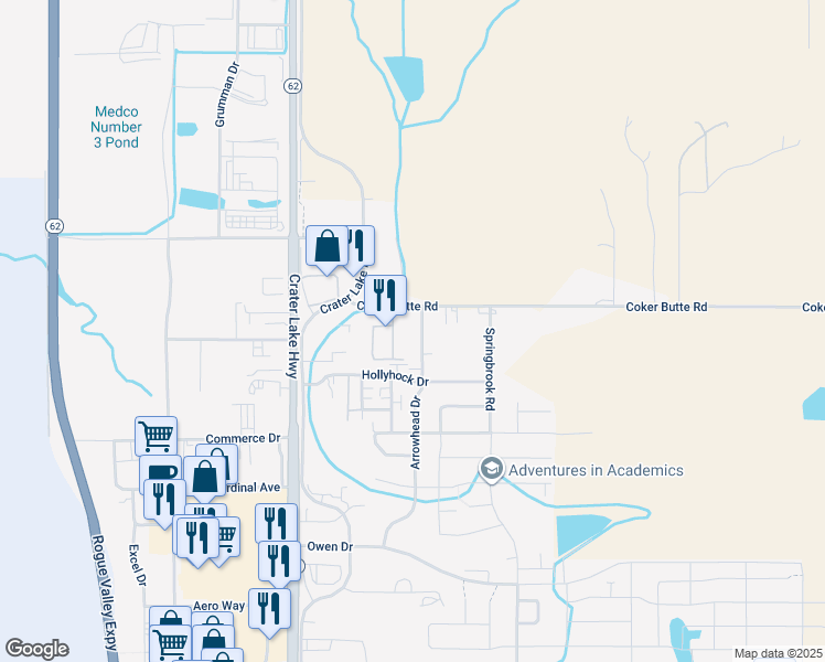 map of restaurants, bars, coffee shops, grocery stores, and more near 3939 Arrowhead Drive in Medford