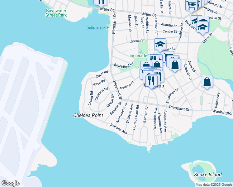 map of restaurants, bars, coffee shops, grocery stores, and more near 97 Circuit Road in Winthrop