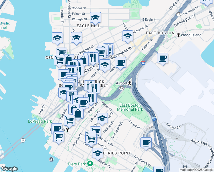 map of restaurants, bars, coffee shops, grocery stores, and more near 159 Chelsea Street in Boston