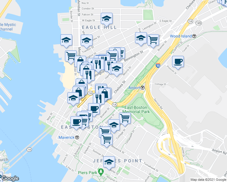 map of restaurants, bars, coffee shops, grocery stores, and more near 159 Chelsea Street in Boston