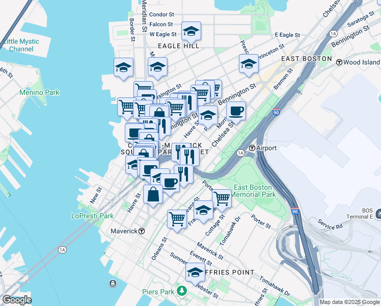 map of restaurants, bars, coffee shops, grocery stores, and more near in Boston