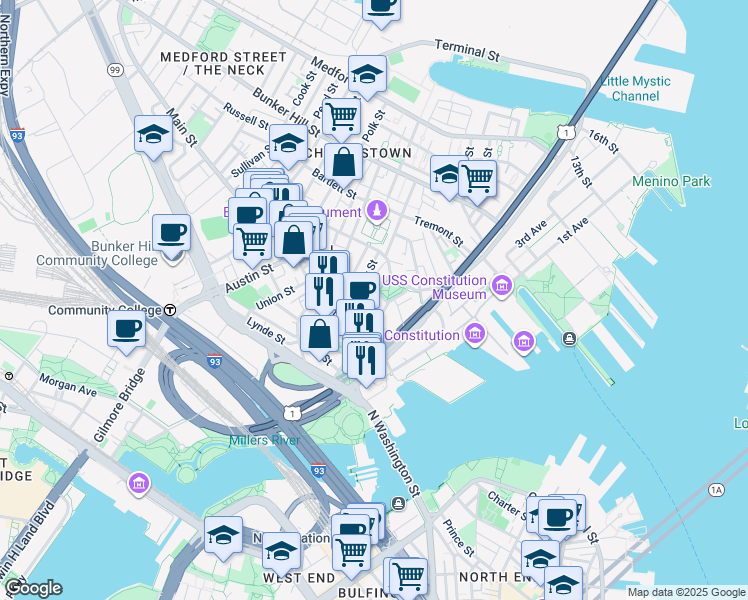 map of restaurants, bars, coffee shops, grocery stores, and more near 39-49 Warren Street in Boston