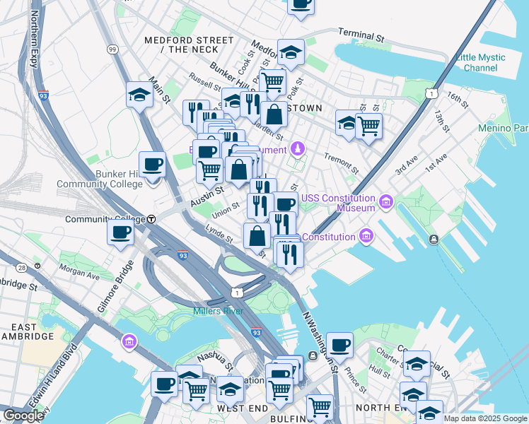 map of restaurants, bars, coffee shops, grocery stores, and more near 67 Main Street in Boston