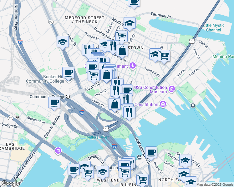 map of restaurants, bars, coffee shops, grocery stores, and more near 67 Main Street in Boston
