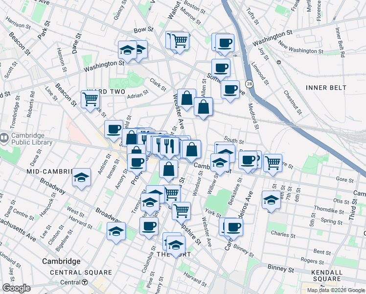 map of restaurants, bars, coffee shops, grocery stores, and more near in Cambridge