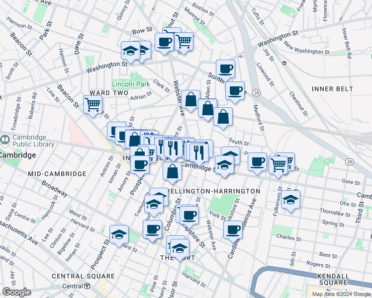 map of restaurants, bars, coffee shops, grocery stores, and more near 299 Elm Street in Cambridge