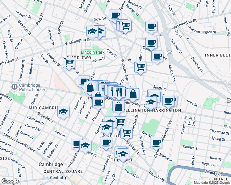 map of restaurants, bars, coffee shops, grocery stores, and more near 109 Tremont Street in Cambridge
