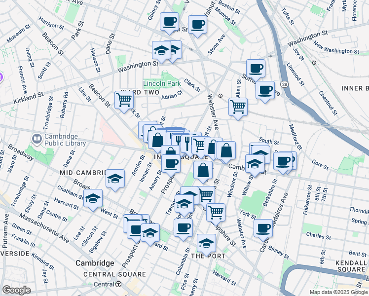map of restaurants, bars, coffee shops, grocery stores, and more near in Cambridge