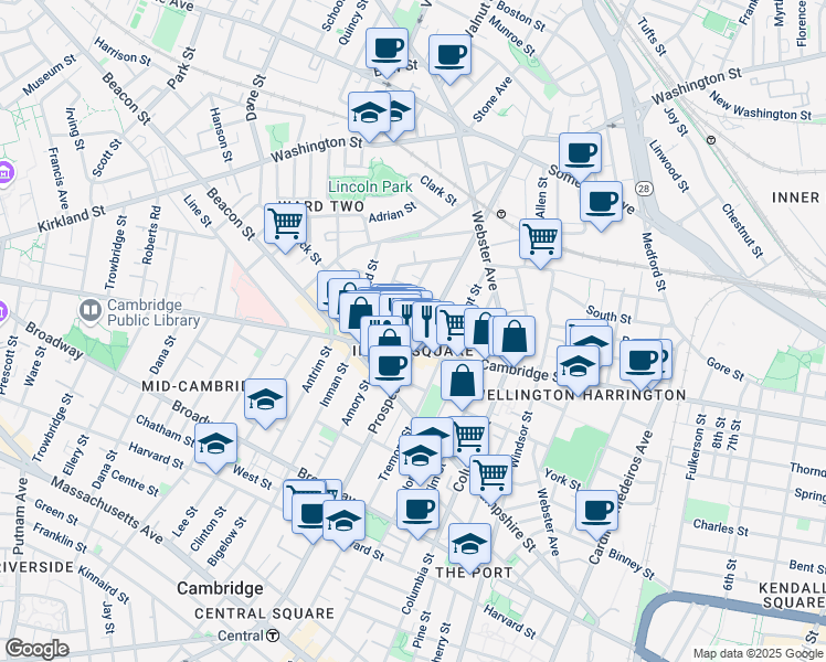 map of restaurants, bars, coffee shops, grocery stores, and more near in Cambridge