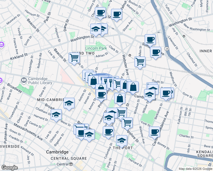 map of restaurants, bars, coffee shops, grocery stores, and more near in Cambridge