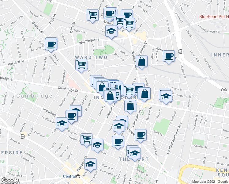 map of restaurants, bars, coffee shops, grocery stores, and more near in Cambridge