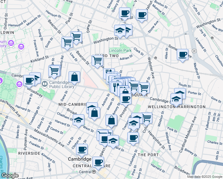 map of restaurants, bars, coffee shops, grocery stores, and more near 139 Antrim Street in Cambridge