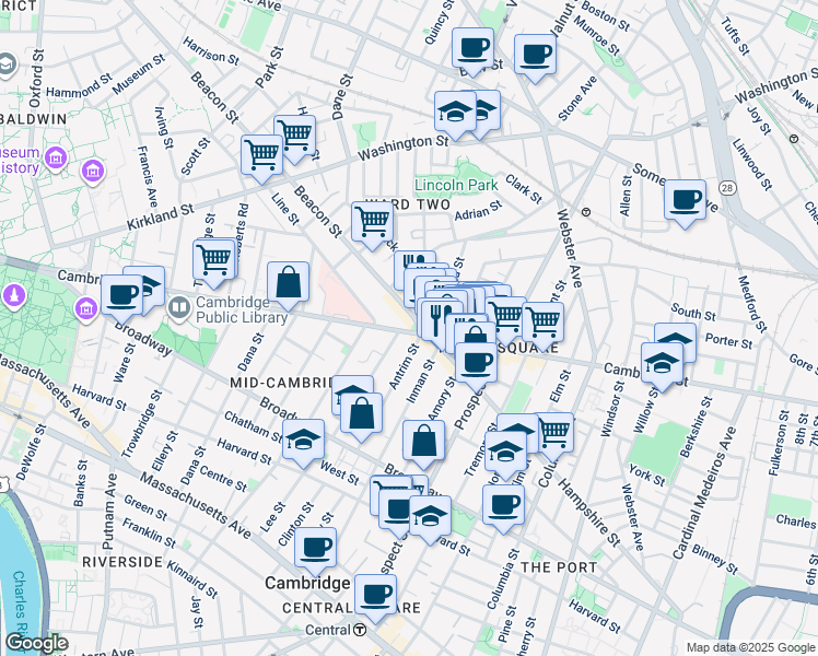 map of restaurants, bars, coffee shops, grocery stores, and more near 139 Antrim Street in Cambridge