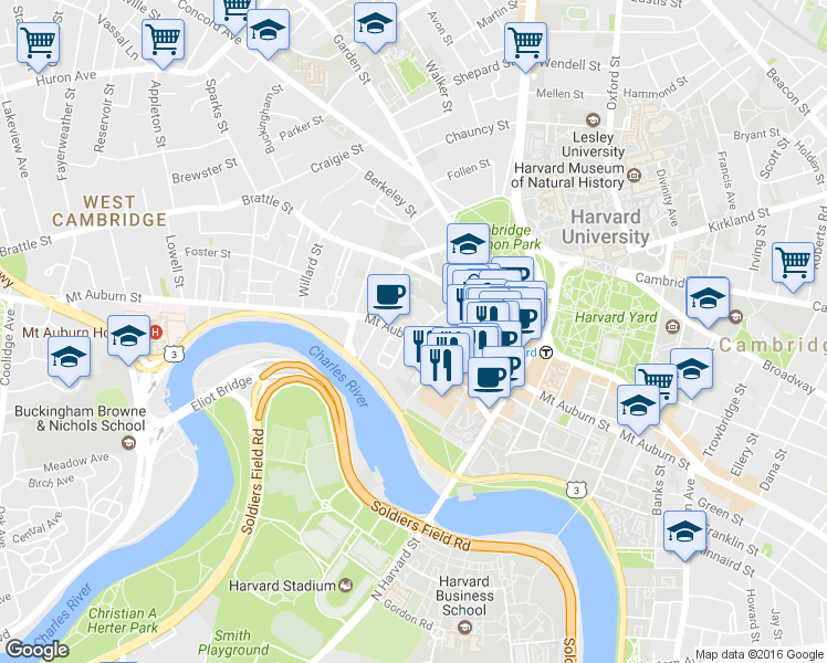 map of restaurants, bars, coffee shops, grocery stores, and more near 132 Mount Auburn Street in Cambridge