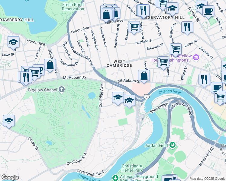 map of restaurants, bars, coffee shops, grocery stores, and more near 3 Gerrys Landing Road in Cambridge