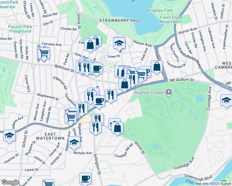 map of restaurants, bars, coffee shops, grocery stores, and more near 761 Mount Auburn Street in Watertown