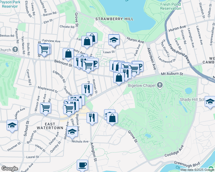 map of restaurants, bars, coffee shops, grocery stores, and more near 736 Mount Auburn Street in Watertown