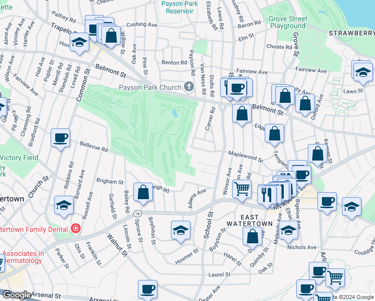 map of restaurants, bars, coffee shops, grocery stores, and more near 212 Maplewood Street in Watertown