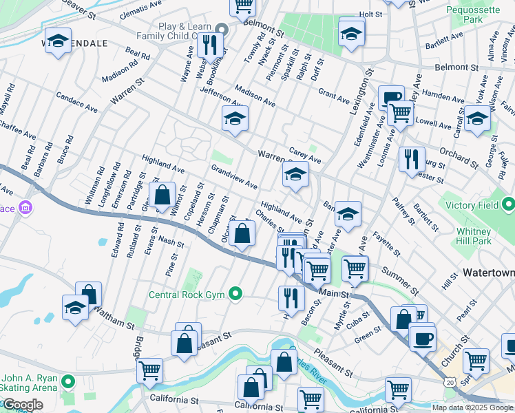 map of restaurants, bars, coffee shops, grocery stores, and more near 53 Gilbert Street in Watertown