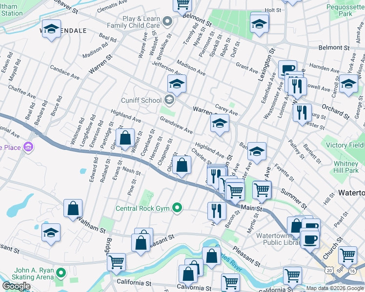 map of restaurants, bars, coffee shops, grocery stores, and more near 53 Gilbert Street in Watertown
