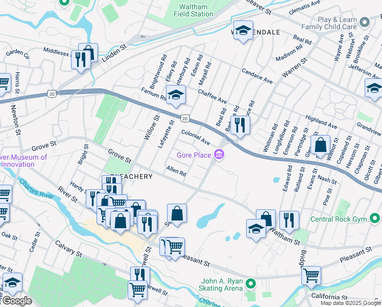 map of restaurants, bars, coffee shops, grocery stores, and more near 19 Aberdeen Avenue in Waltham