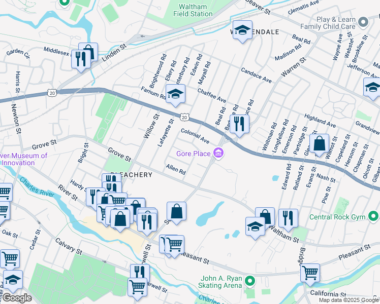 map of restaurants, bars, coffee shops, grocery stores, and more near 19 Aberdeen Avenue in Waltham